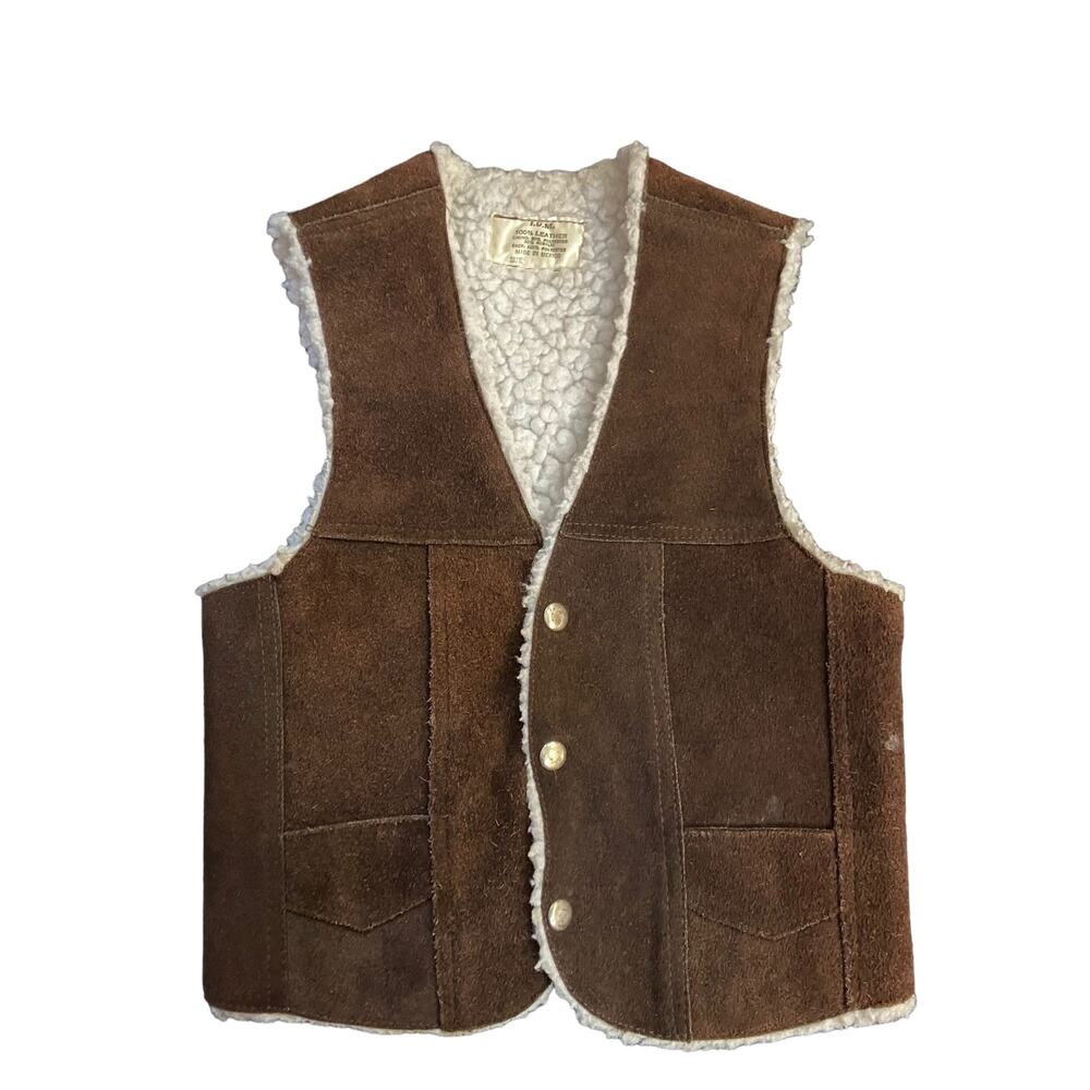 1970s Vintage Brown Suede Sherpa Vest Shearling Lined Western XXS/XS
